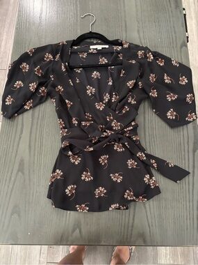 LOFT Black Wrap Top with Pink Floral Print